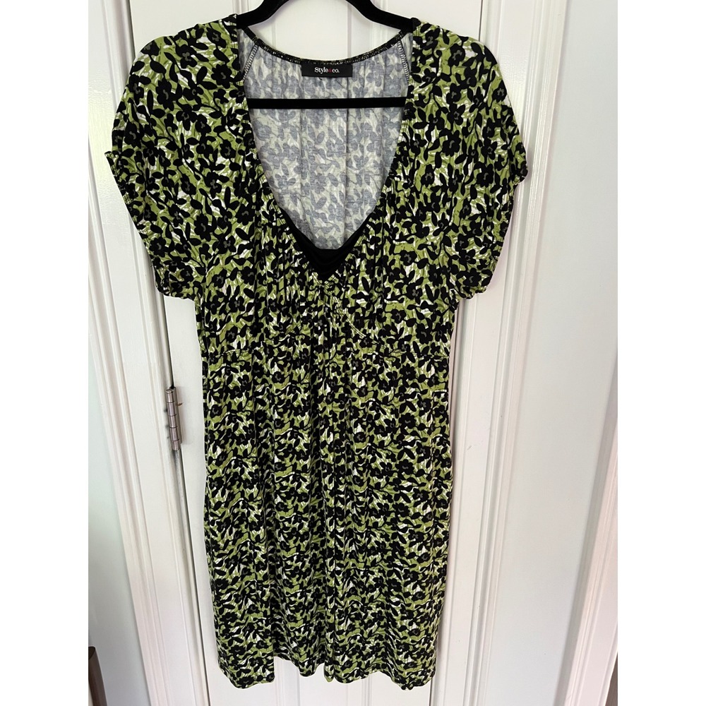 Style & Co Green Black Floral V-Neck Empire Waist Pocket Dress WPL 8046